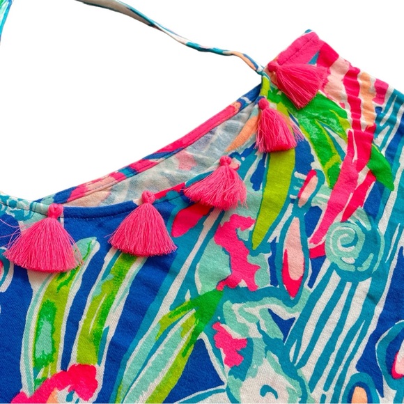 Lilly Pulitzer Seagate Cover up Tippy caftan top tassels deep back pink blue XS - Picture 11 of 14